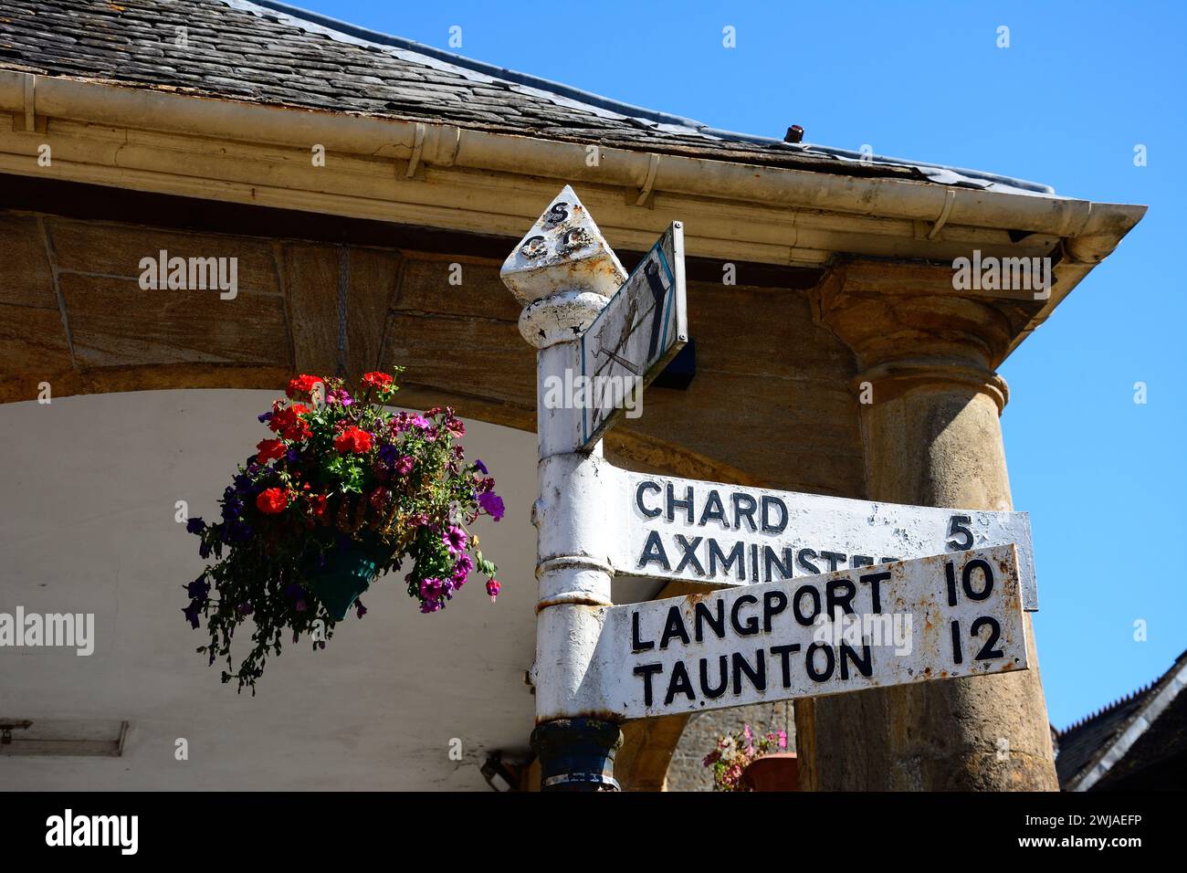 Destination sign in the market place along East Street in the town centre, Ilminster, Somerset, UK, Europe. Stock Photo