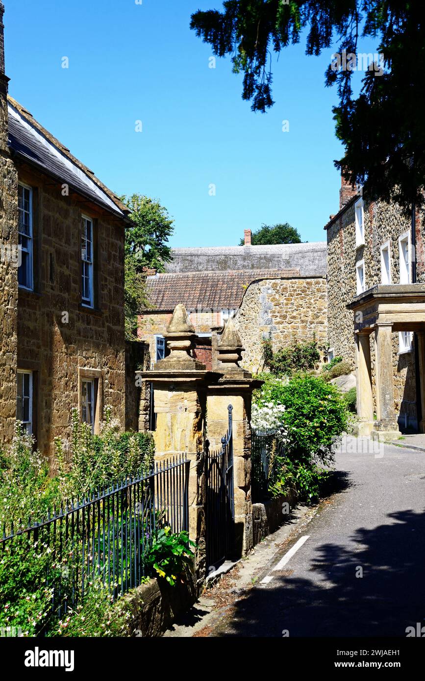 Traditional hamstone buildings along Court Barton in the old town, Ilminster, Somerset, UK, Europe Stock Photo