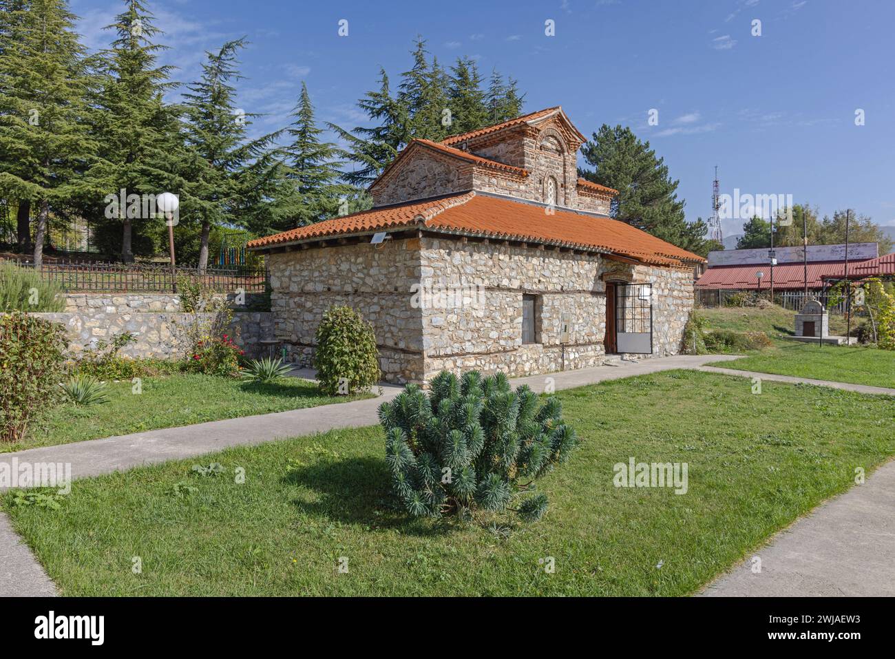 Ohrid, North Macedonia - October 23, 2023: Macedonian Orthodox Church Saint Constantine and Helena Stone Building. Stock Photo