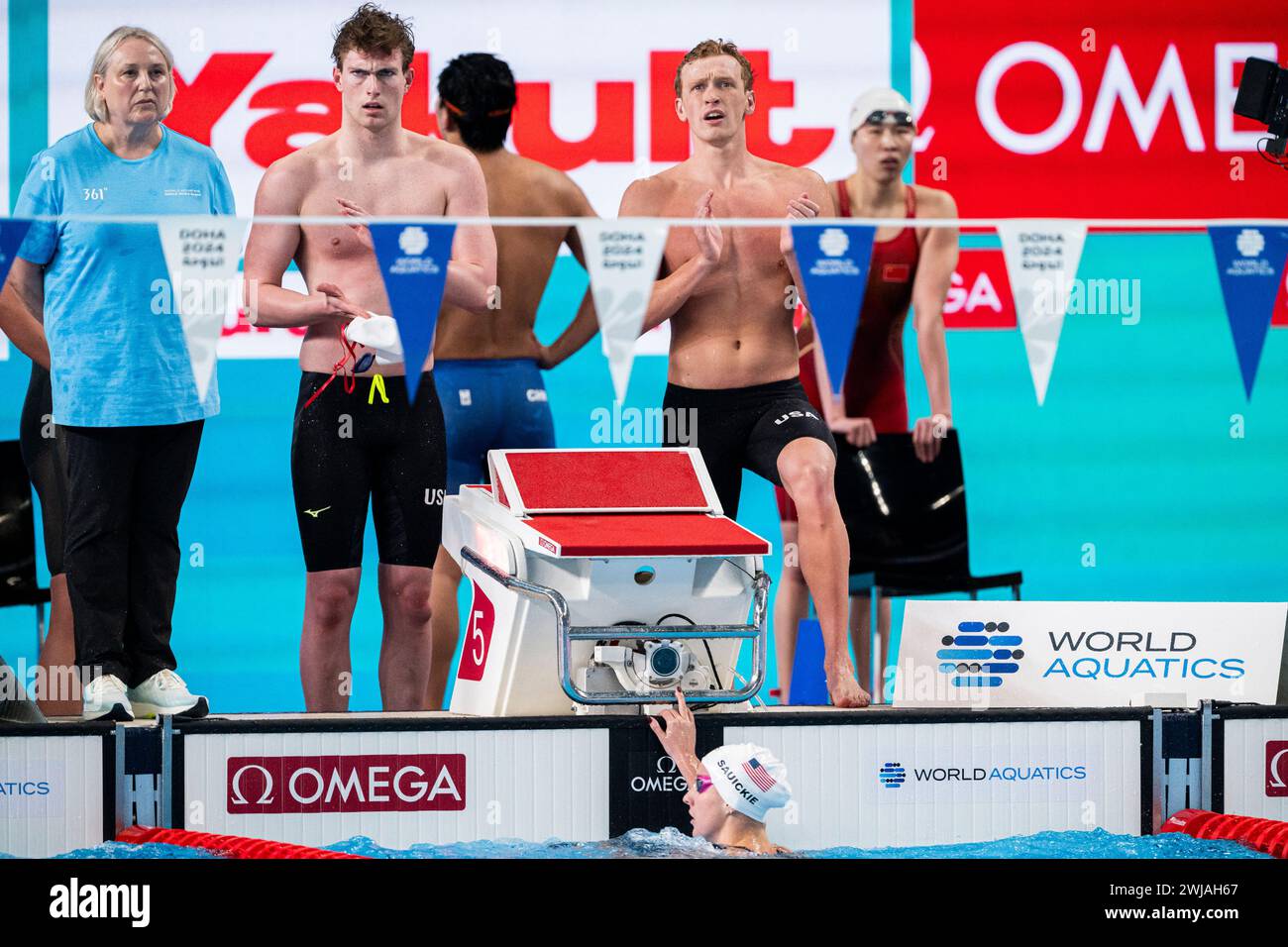 Doha, Qatar. 14th Feb, 2024. Team USA reacts after competing in the ...