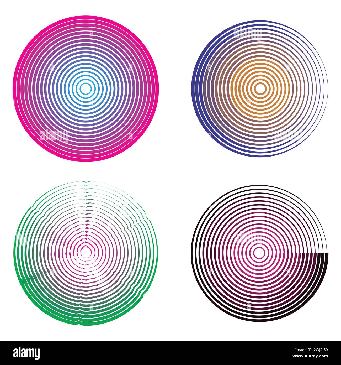 Concentric circle elements, spaced concentric circle, rings sound wave, line in a circle concept, black circular pattern. Stock Vector