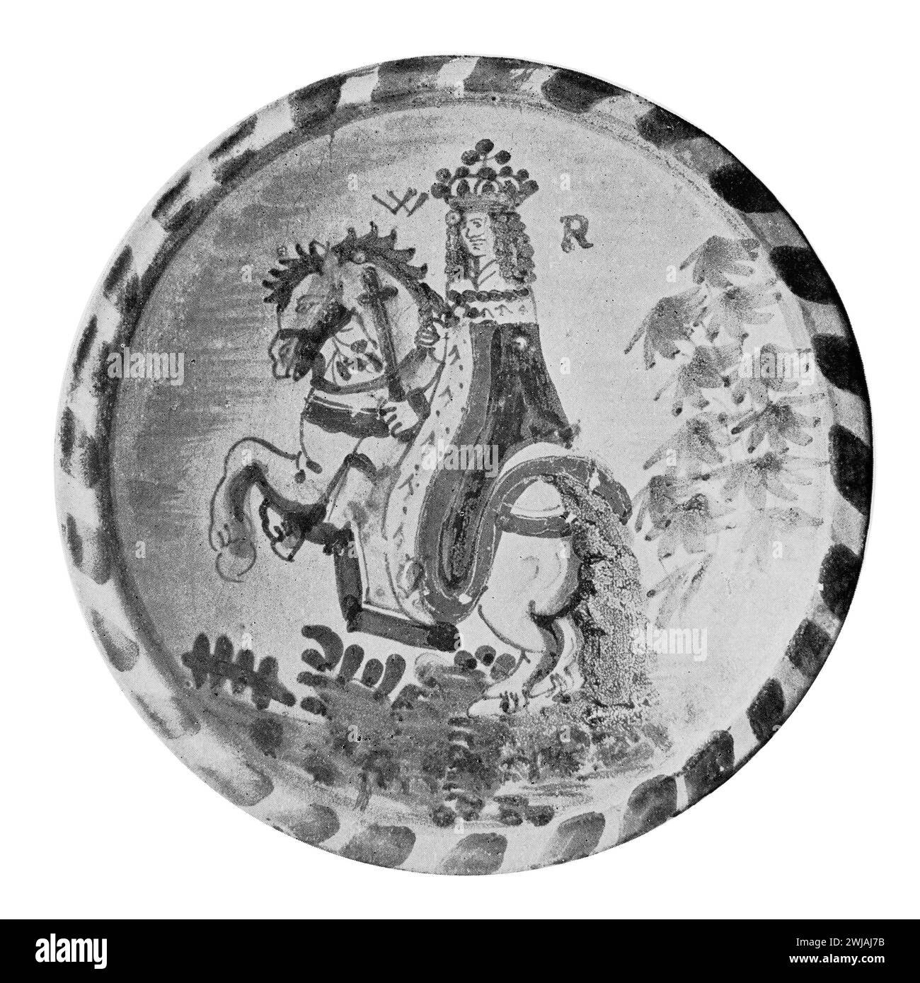 An old English Delft plate with a painting of William III of England (William of Orange). 17th century. Black and White Illustration from the Connoisseur, an Illustrated Magazine for Collectors Voll 3 (May-Aug 1902) published in London. Stock Photo