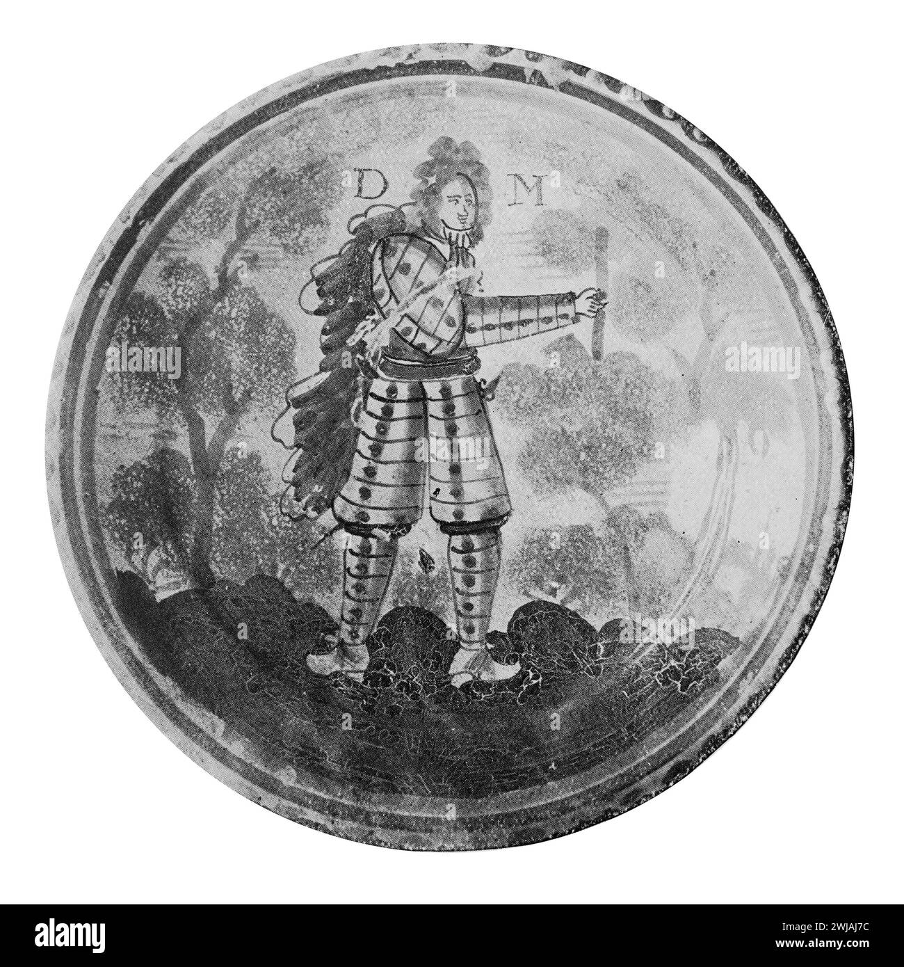 An old English Delft plate with a painting of the Duke of Marlborough. 17th century. Black and White Illustration from the Connoisseur, an Illustrated Magazine for Collectors Voll 3 (May-Aug 1902) published in London. Stock Photo