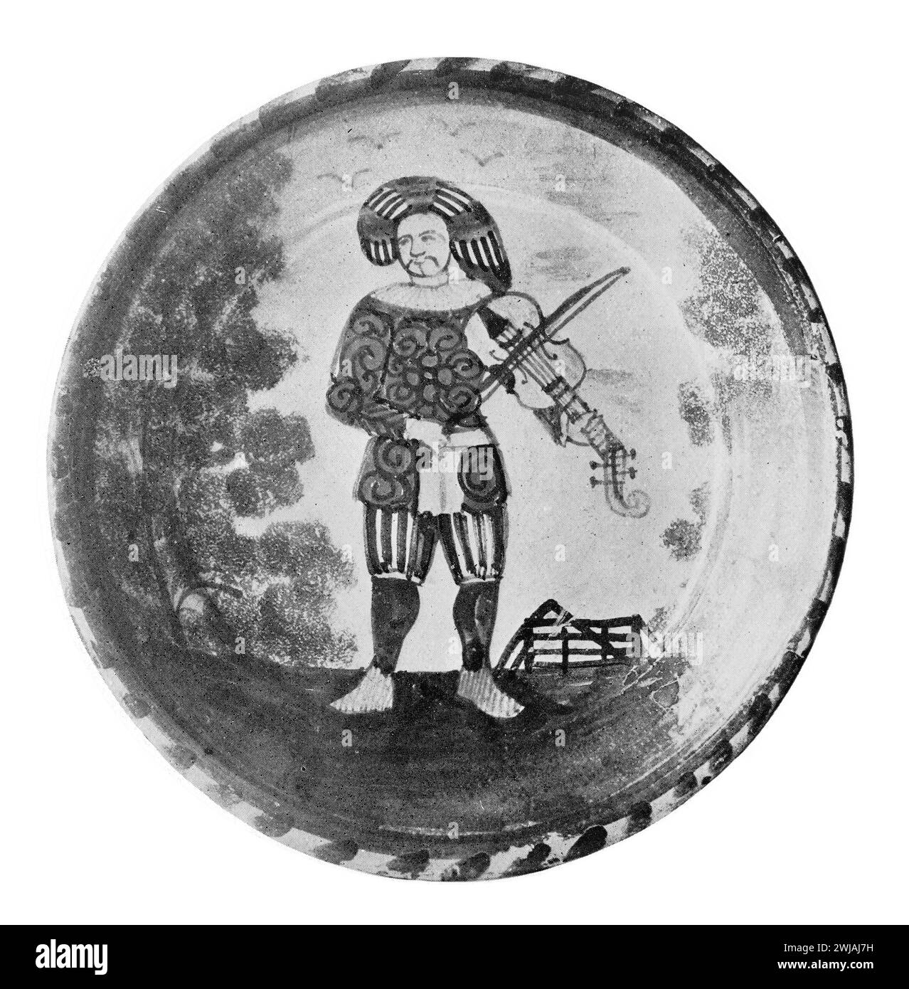 An old English Delft plate with a painting of Sir Thomas Killigrew, last of the court jesters. Black and White Illustration from the Connoisseur, an Illustrated Magazine for Collectors Voll 3 (May-Aug 1902) published in London. Stock Photo