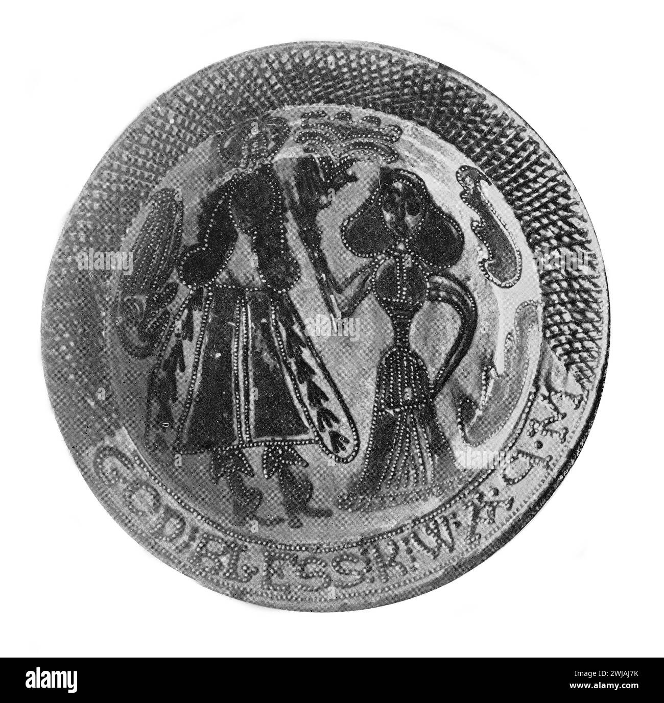 17th century Toft Ware plate depicting King William (William III of England) and Queen Mary. Black and White Illustration from the Connoisseur, an Illustrated Magazine for Collectors Voll 3 (May-Aug 1902) published in London. Stock Photo