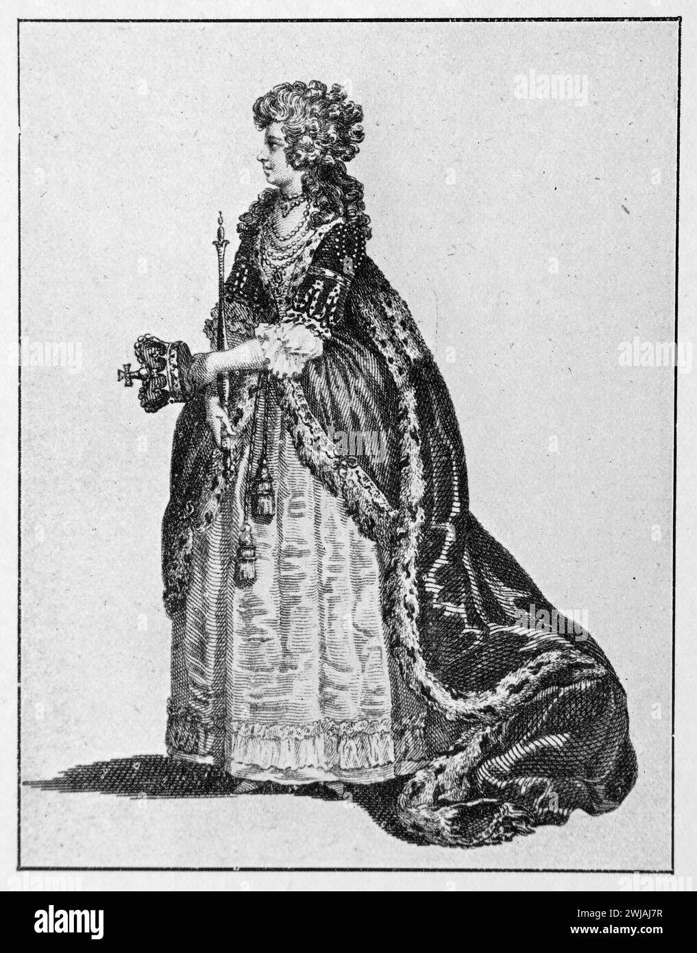 Charlotte of Mecklenburg-Strelitz (Sophia Charlotte; 19 May 1744 - 17 November 1818) wearing her Coronation Robes. She was Queen of Great Britain and Ireland as the wife of King George III. Engraving by Charles Turner Warren. Black and White Illustration from the Connoisseur, an Illustrated Magazine for Collectors Voll 3 (May-Aug 1902) published in London. Stock Photo