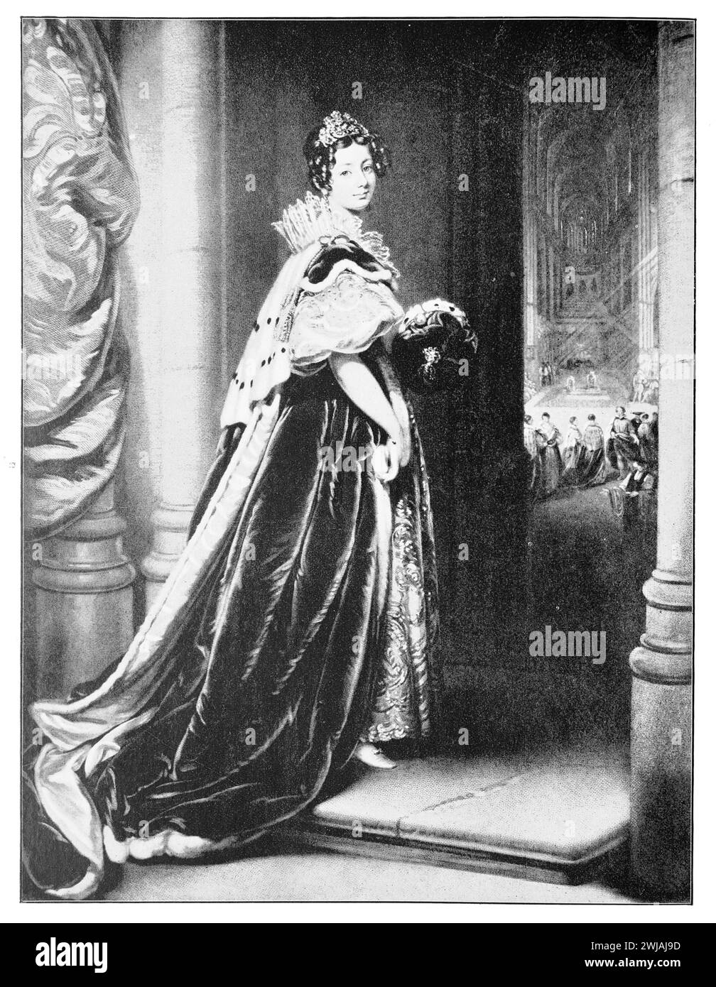 Portrait of Louisa Barbara Trefusis, Lady Rolle (c1795 - 1885), in the robes she wore at the coronation of King William IV of England. Black and White Illustration from the Connoisseur, an Illustrated Magazine for Collectors Voll 3 (May-Aug 1902) published in London. Stock Photo
