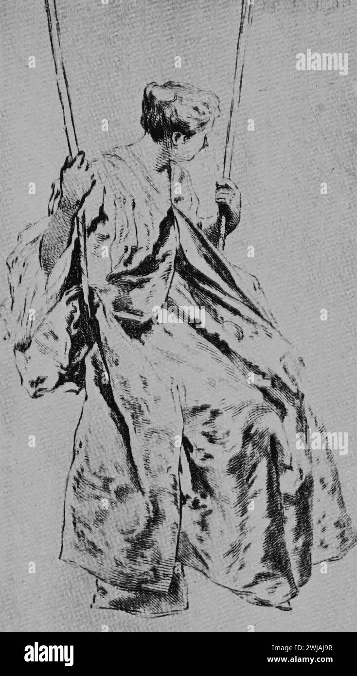 Study by French Artist, Jean-Antoine Watteau: L'escarpolette (The Swing), a study of garment folds and coiffure. Black and White Illustration from the Connoisseur, an Illustrated Magazine for Collectors Voll 3 (May-Aug 1902) published in London. Stock Photo