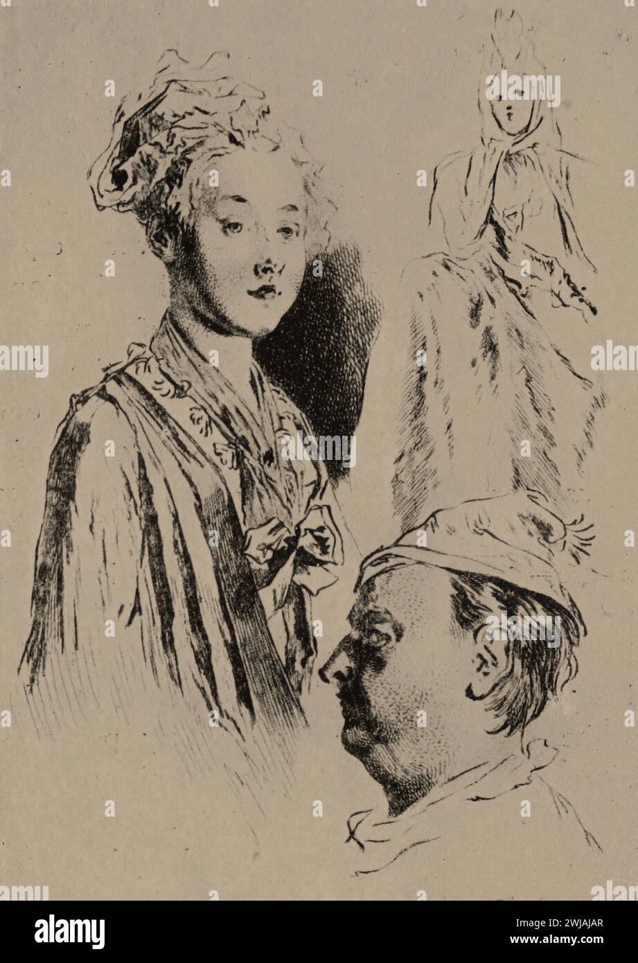 Study of Heads. Le Sieur Girois and his Beautiful Maid Servant by French Artist, Jean-Antoine Watteau: Black and White Illustration from the Connoisseur, an Illustrated Magazine for Collectors Voll 3 (May-Aug 1902) published in London. Stock Photo