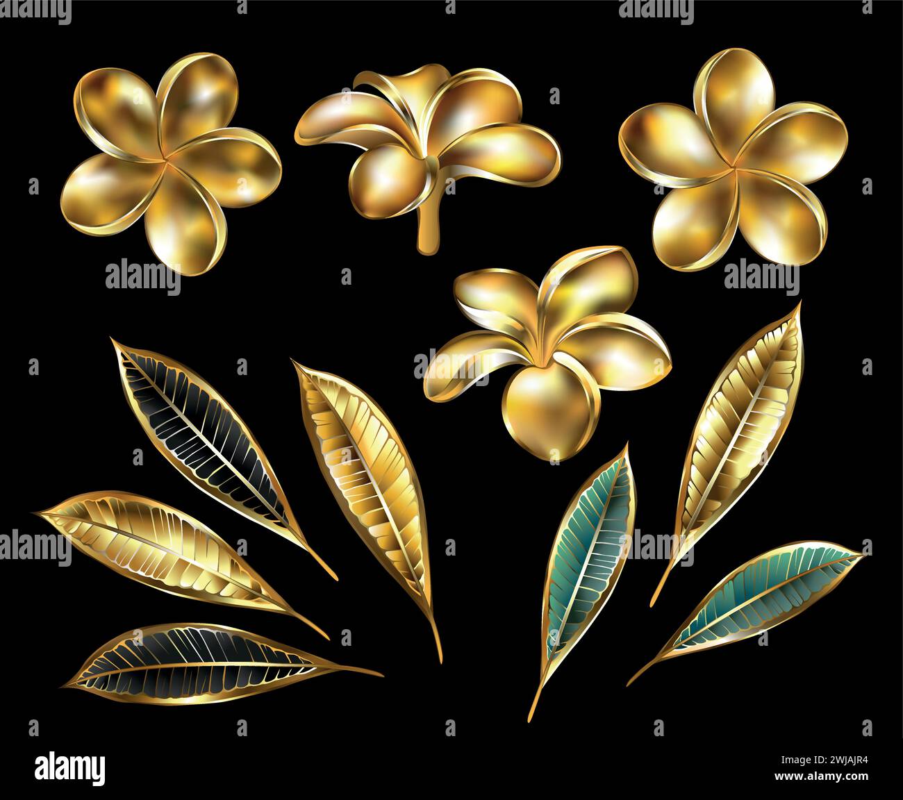 Set of jewelry, shiny, precious, gold flowers and plumeria leaves on black background. Gold flower plumeria. Stock Vector