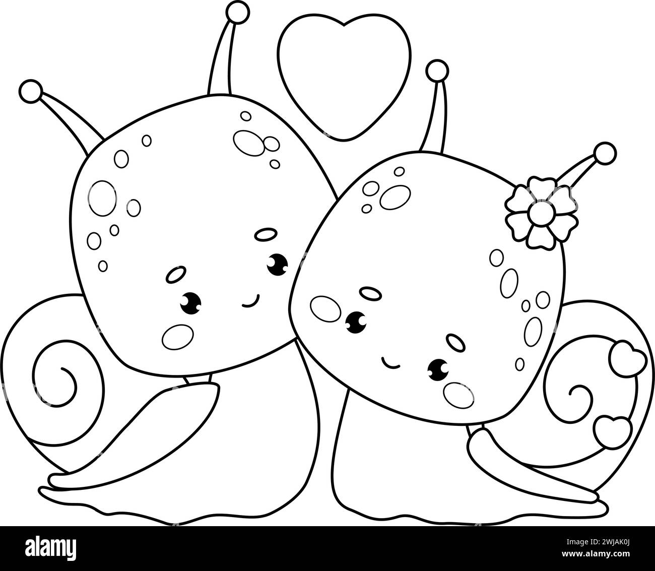 Cute couple snails girl and boy with heart. Funny outline cartoon insects characters. Line drawing, coloring book. Kids collection. Vector illustratio Stock Vector