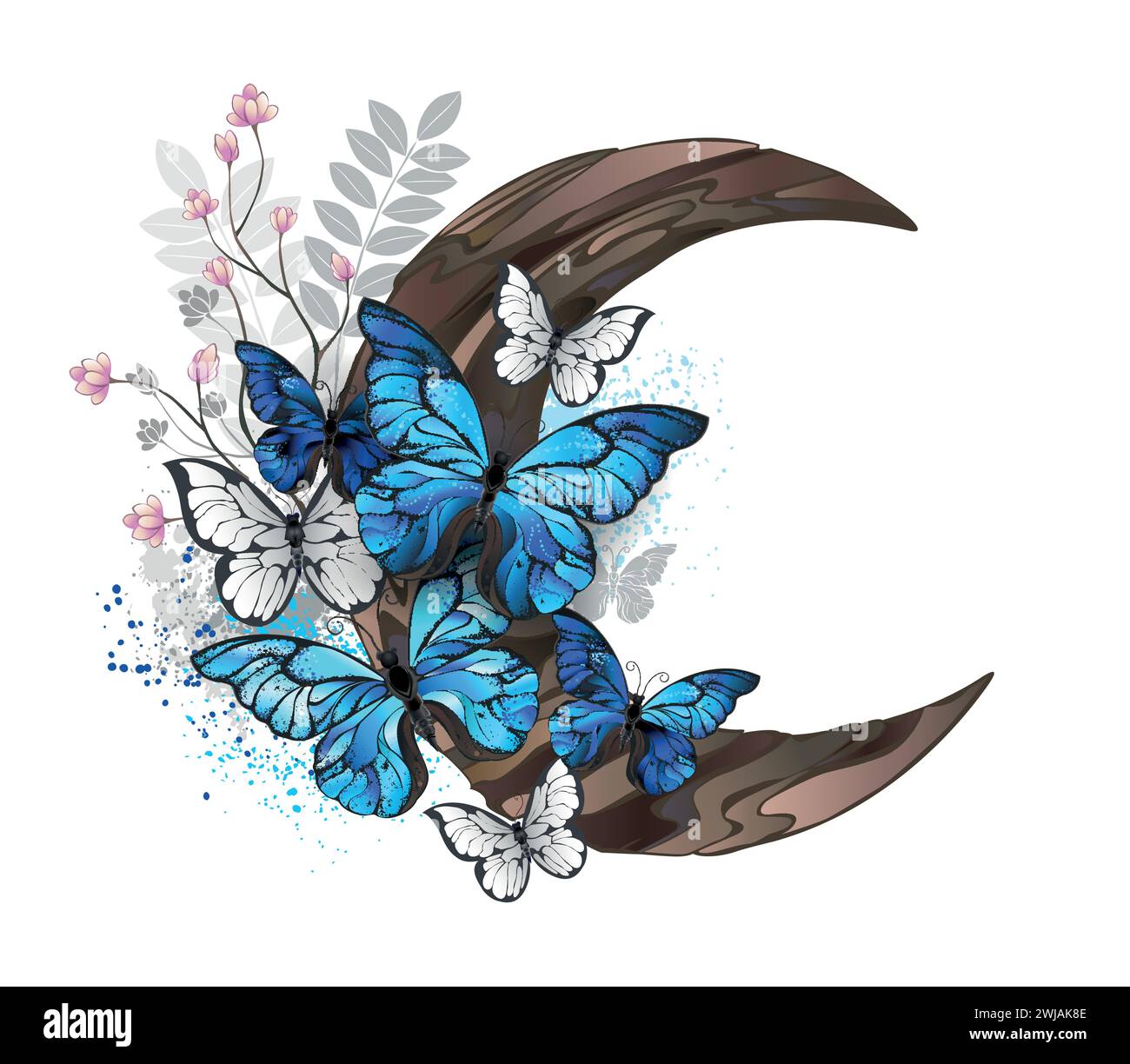 Blue morpho butterflies with detailed wings sit on wooden crescent decorated with wild plants on white background. Blue butterflies morpho. Stock Vector