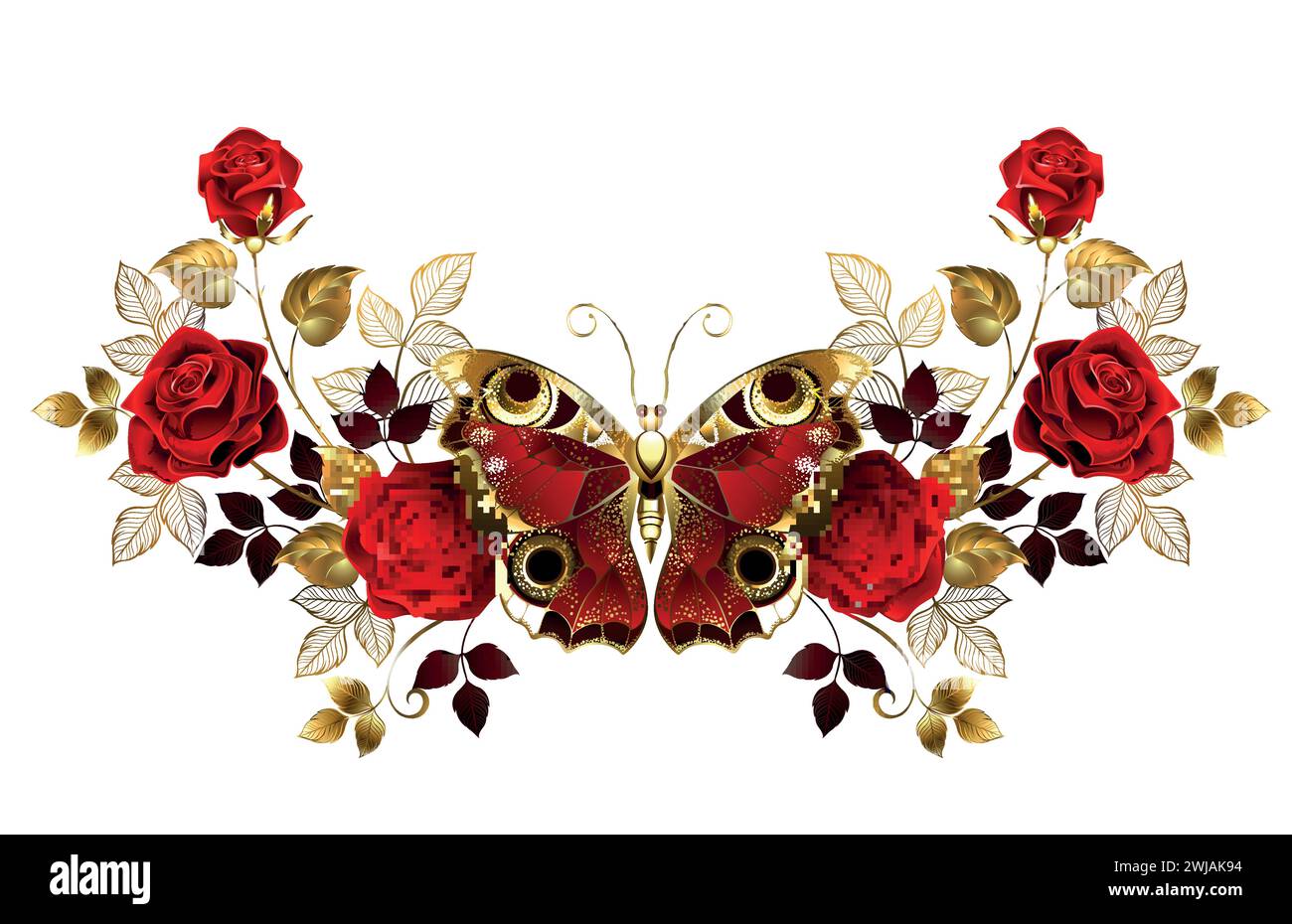 Symmetrical floral arrangement of red, blooming roses with gold jewelry, leaves and stems and detailed, red peacock butterfly on white background. Red Stock Vector