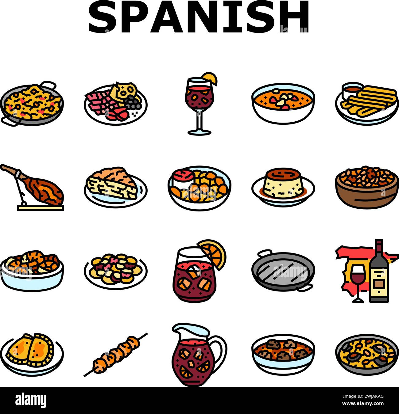 spanish cuisine food paella tapas icons set vector Stock Vector Image ...