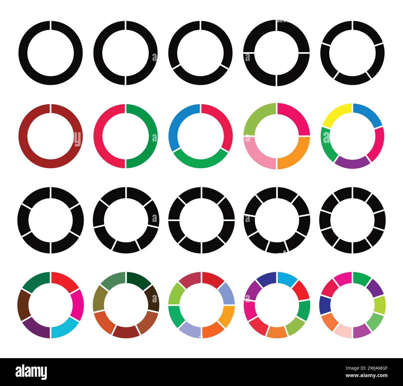 Set of different color circles pie charts diagrams. Various sectors ...