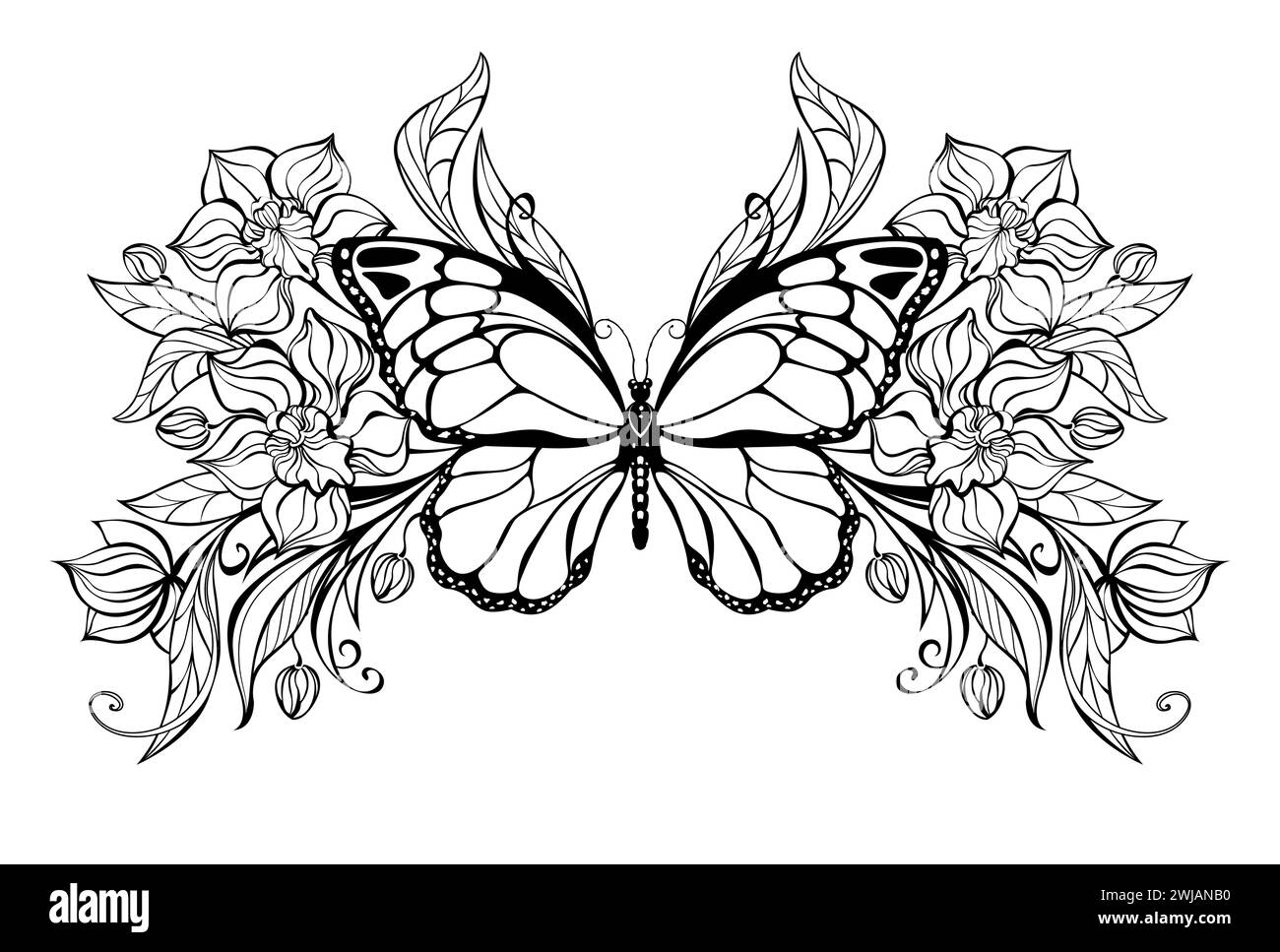 Contoured, artistically drawn butterfly with symmetrical pattern of contoured, blooming orchids with ornamental plants. Stock Vector