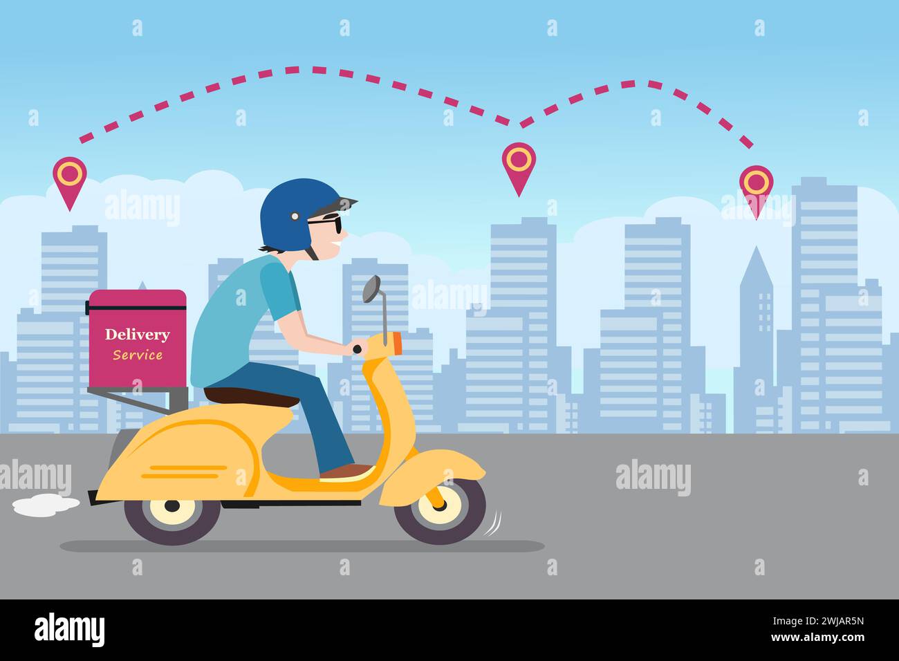 Delivery service scooter man vector illustration with buildings in background. Stock Vector