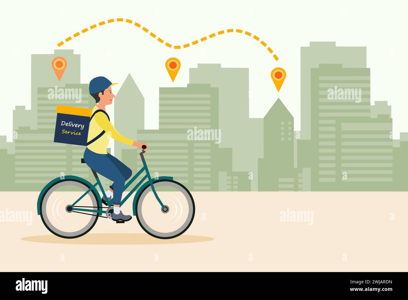 Courier on bicycle with parcel box on the back delivering food In city. Fast delivery concept vector illustration. Stock Vector