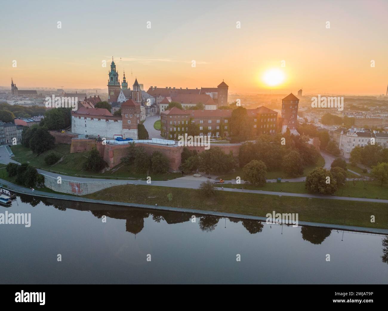 Stunning arial image of Wawel Castle in Krakow, Poland as the sin rises on a beautiful summer morning Stock Photo