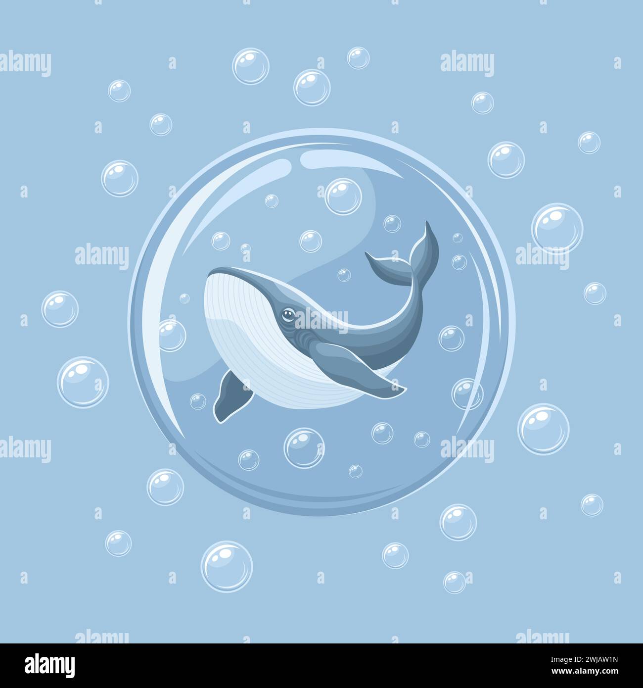 Gray blue whale in a glass sphere with bubbles around, vector flat ...