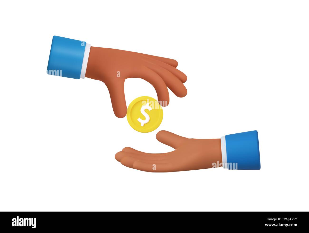 3d Cartoon character hands give and take golden coin. Payment and