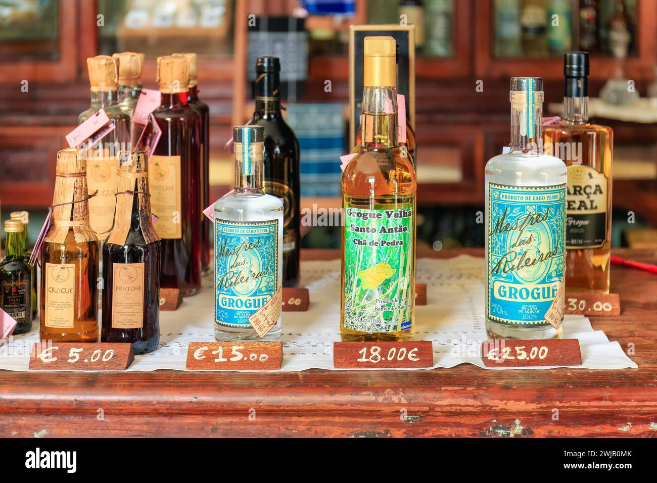 Local Variety of Cape Verdean beverages on show at colonial goods counter in Sal Rei. of Boa Vista: High quality photo Stock Photo
