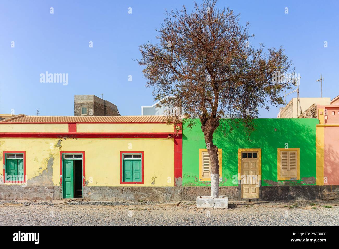 Sal Rei's Rainbow Facades :The Painted Streets of Sal Rei, Boa Vista. High quality photo Stock Photo