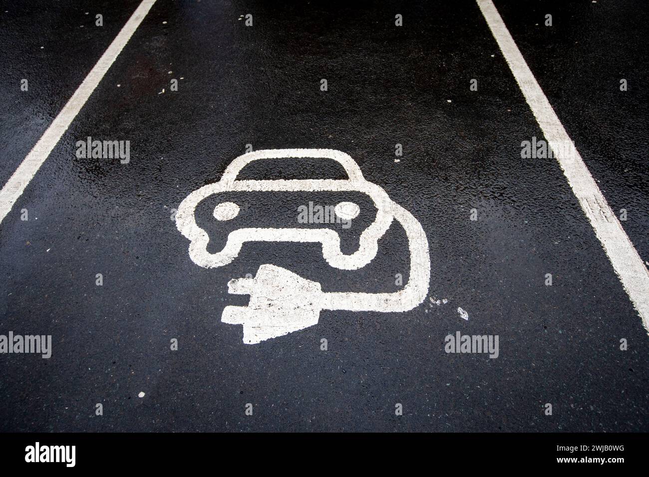 Electric car charging points and e charging symbols at a Tescos