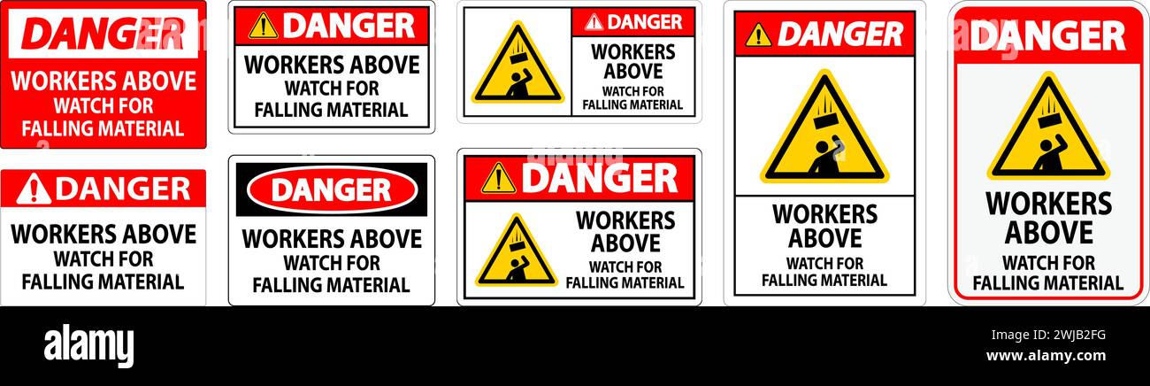 Danger Sign, Workers Above Watch For Falling Material Stock Vector