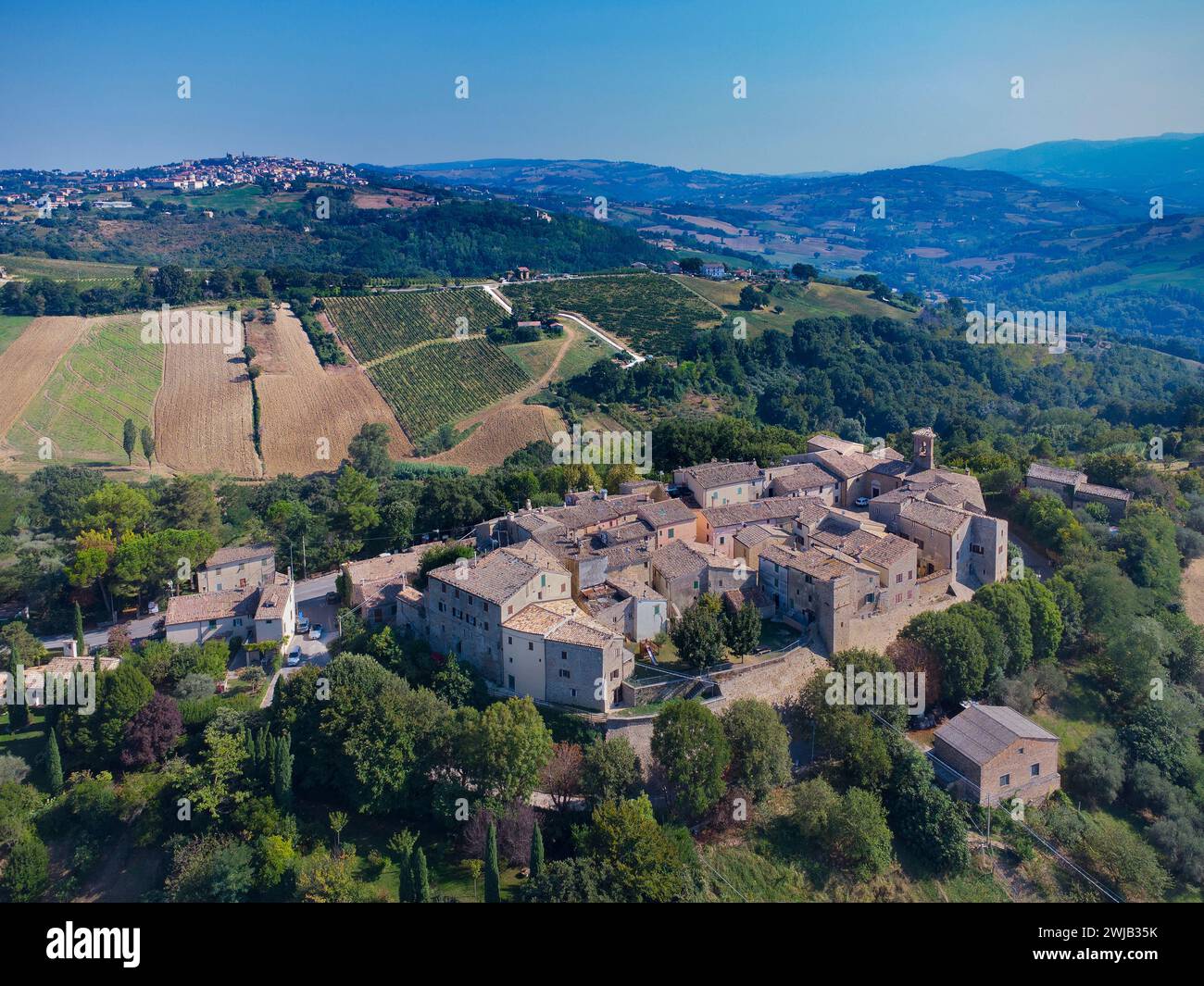 Cupramontana (Italy, Marche, province of Ancona), view of the village of Poggio Cupro, Cupramontana in the background Stock Photo