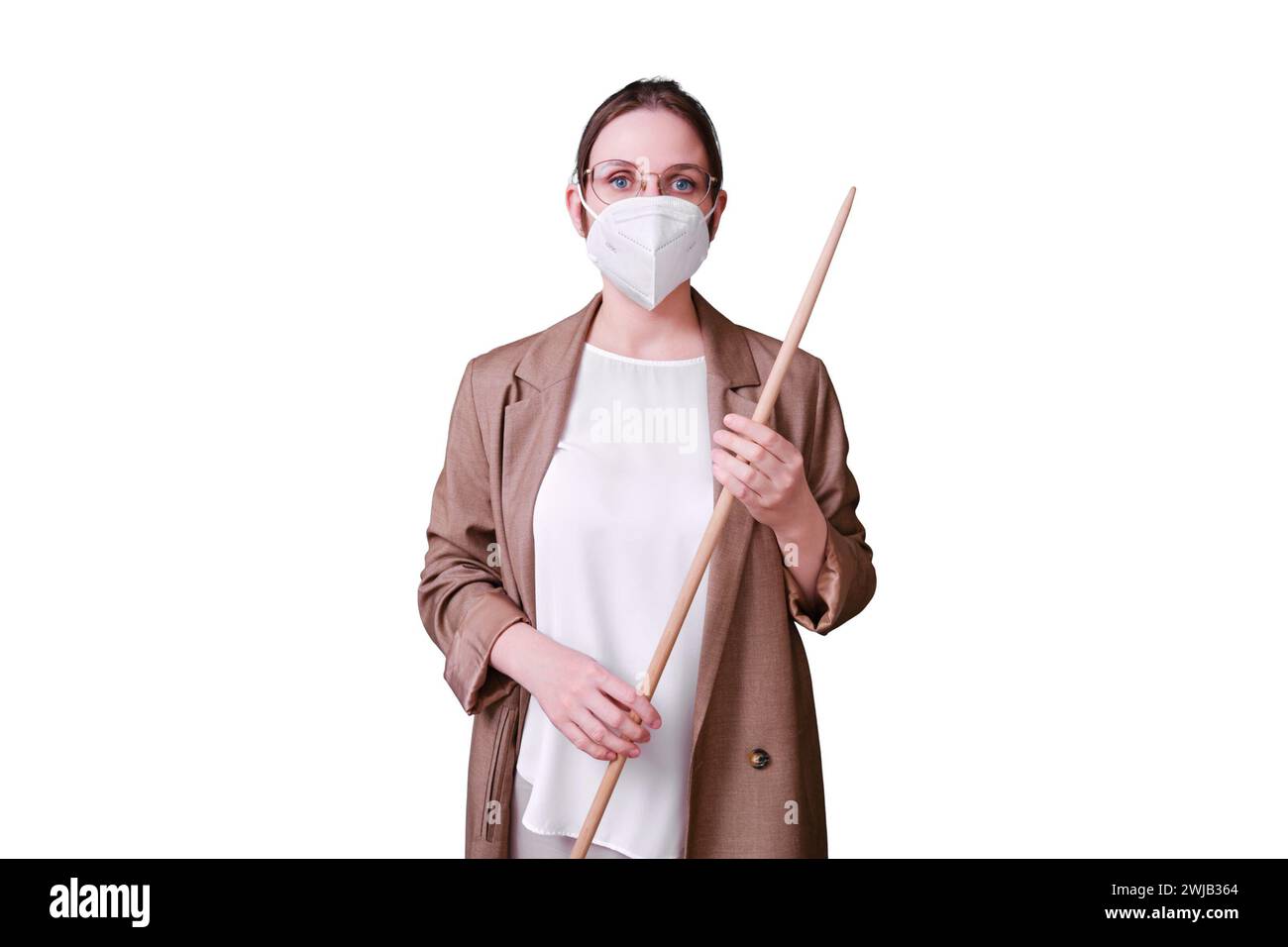 Woman teacher in medical face mask n95 on studio isolated on a white ...