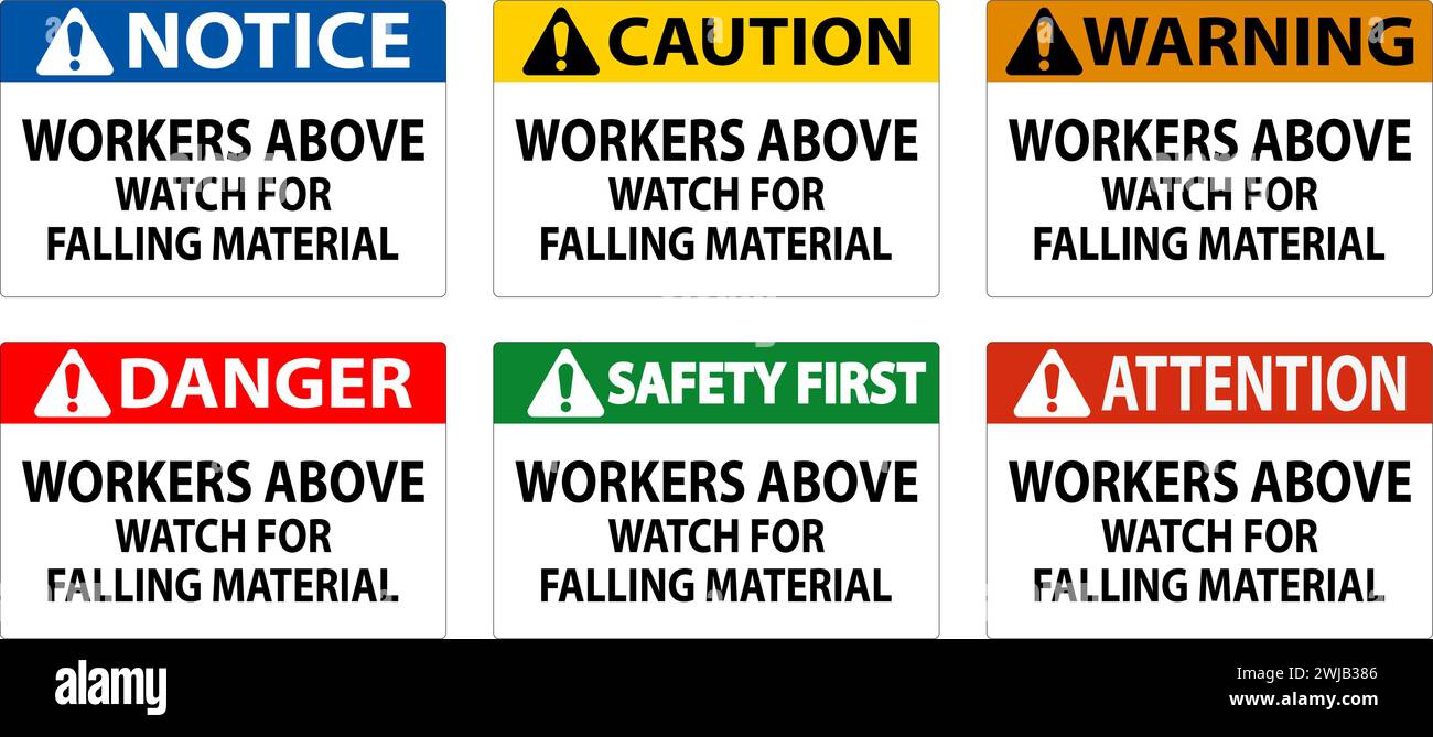 Danger Sign, Workers Above Watch For Falling Material Stock Vector