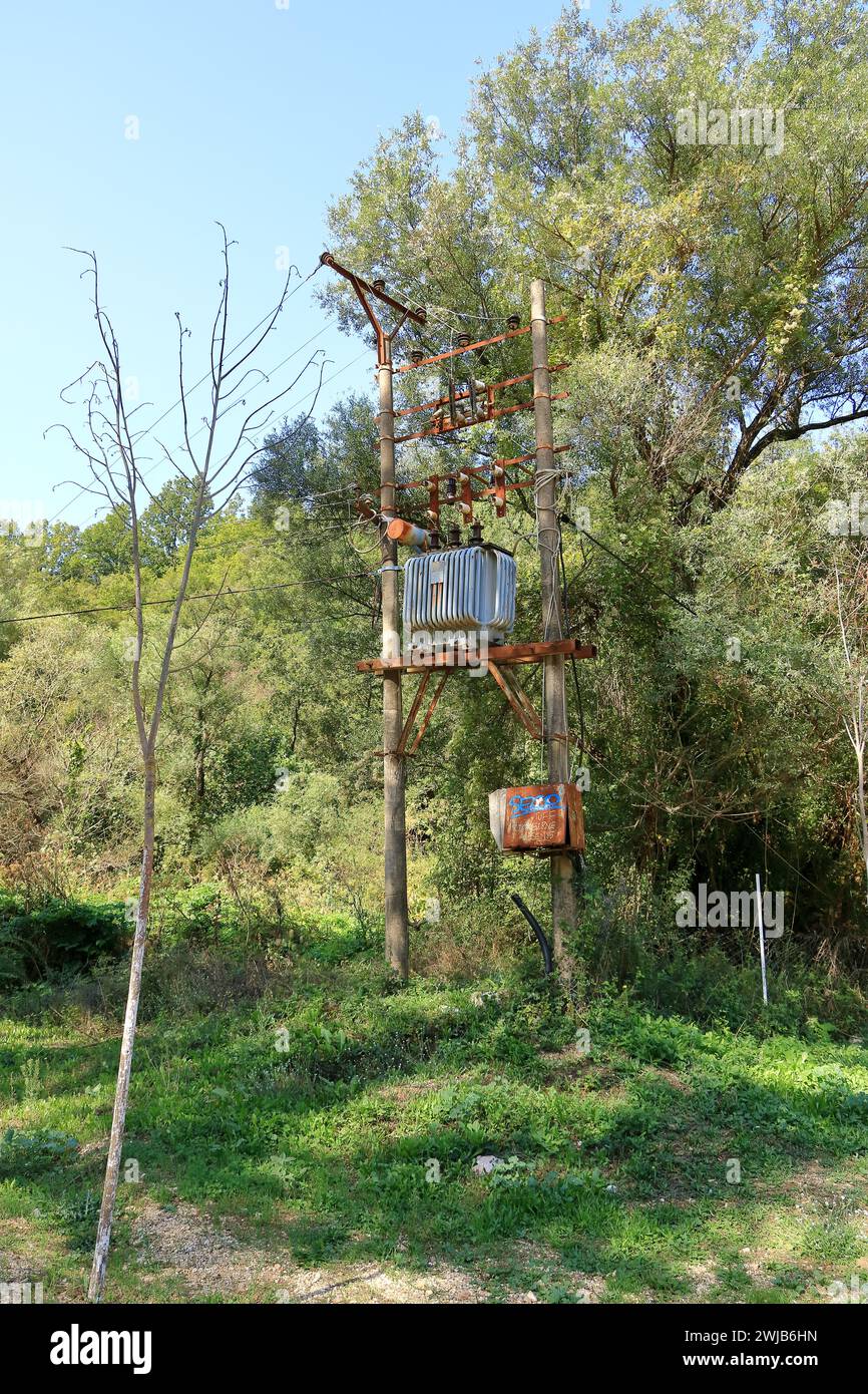 power cables and power lines on a power pole, Albania Stock Photo