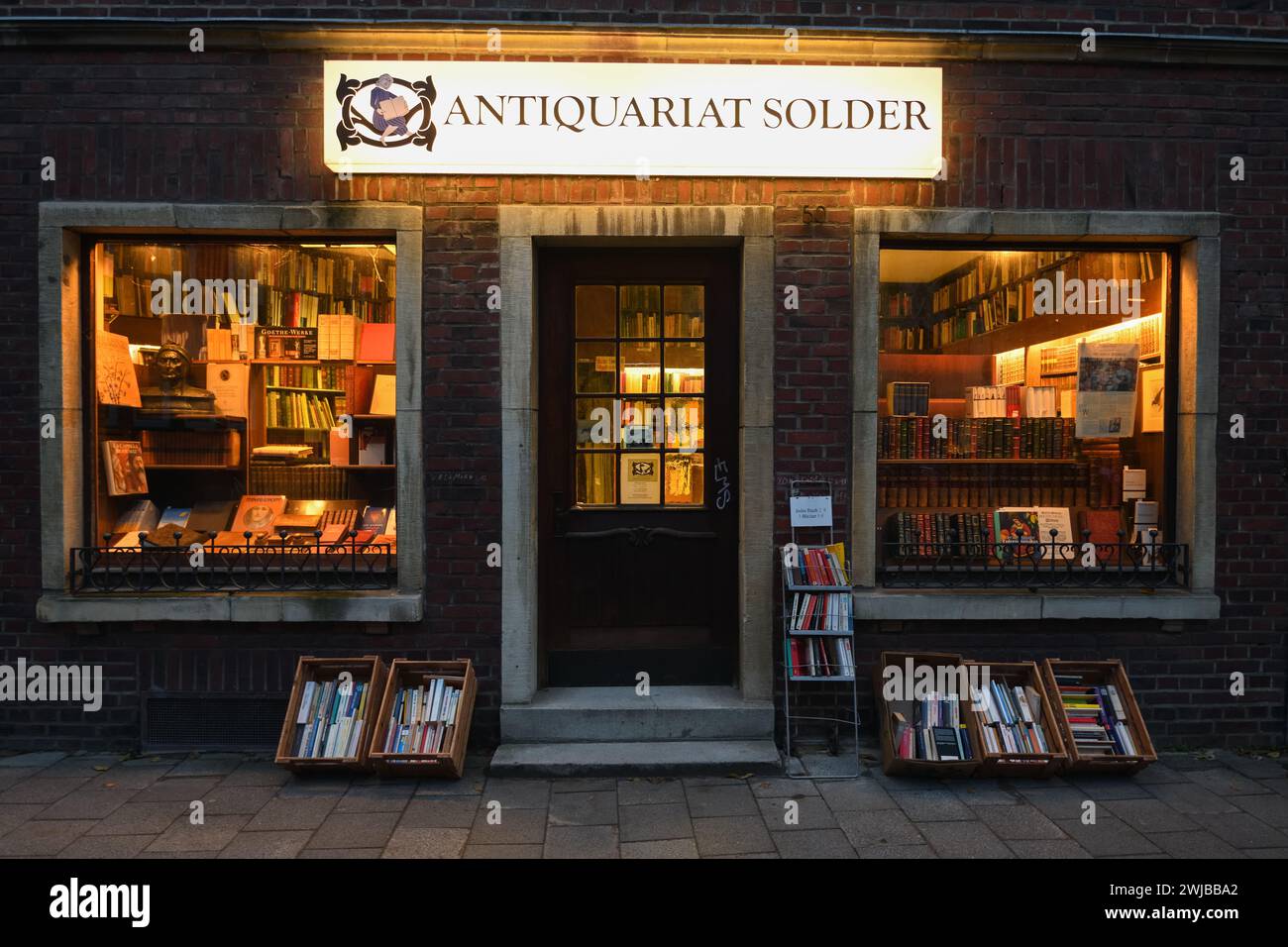 Muenster, second hand bookstore, antiquarian bookshop, well known filming location of Wilsberg crime film in the city of Münster, Germany, Europe. Stock Photo