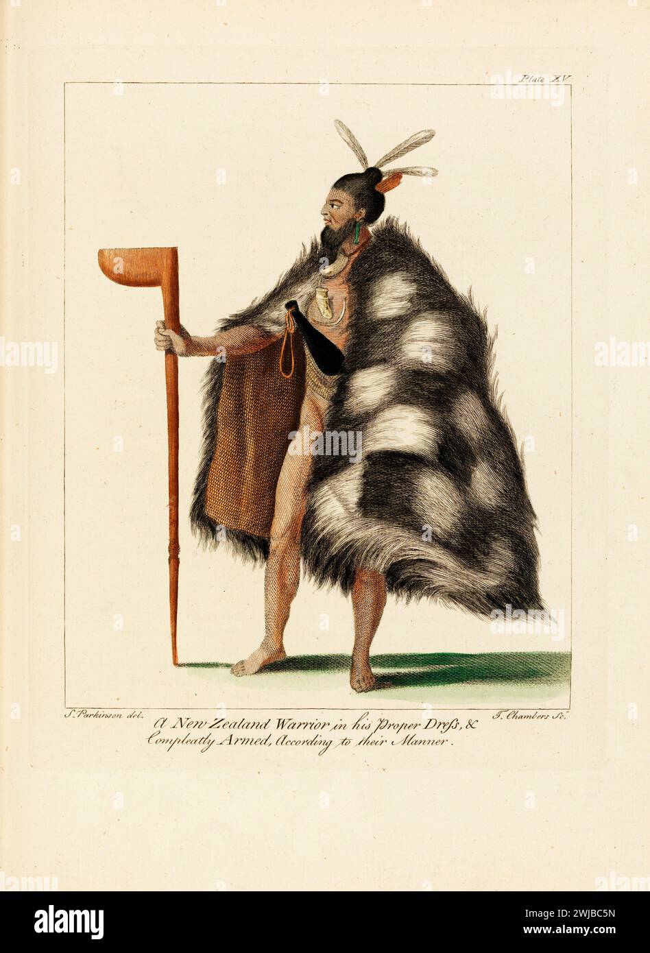 'A New Zealand warrior in his proper dress, & completely armed, according to their manner' Engraving From “A journal of a voyage to the South Seas : in His Majesty's ship, the Endeavour” from the papers of Sydney Parkinson, embellished with views and designs, delineated by the Author, and engraved by capital artists.  1773 Stock Photo