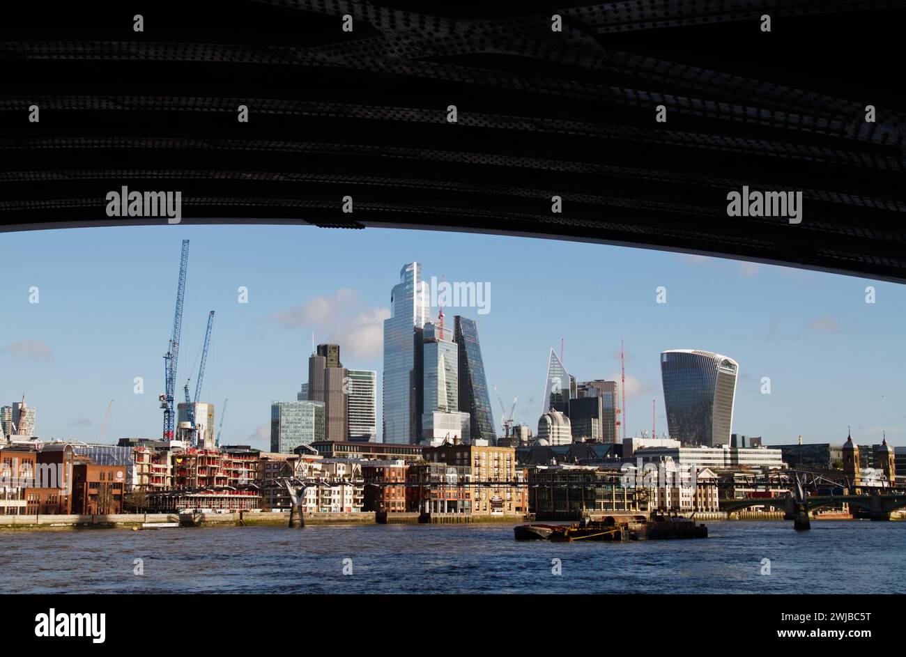 View Of The City Of London , Walkie Talkie, Scalpel Skyscrapers From Under Blackfriars Railway Bridge, London Stock Photo