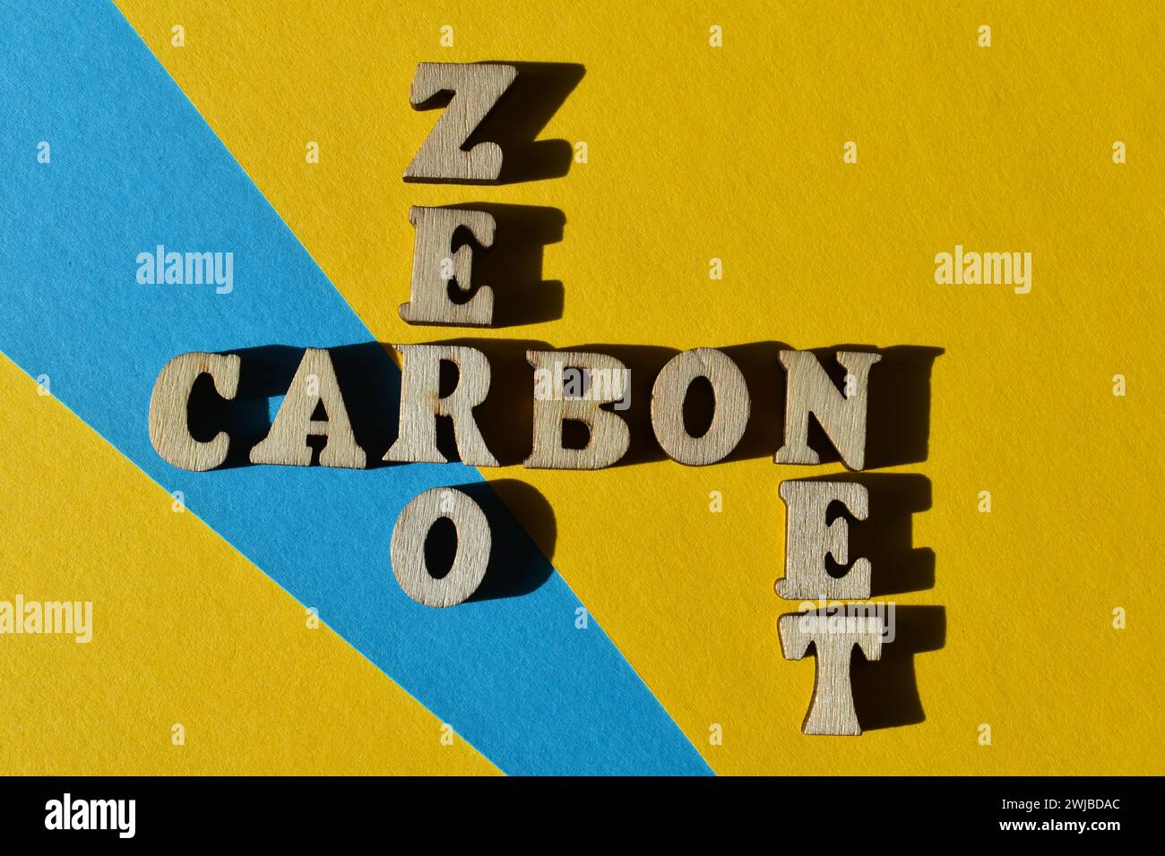 Net Zero Carbon, words in wooden alphabet letters in crossword form isolated on background as banner headline Stock Photo