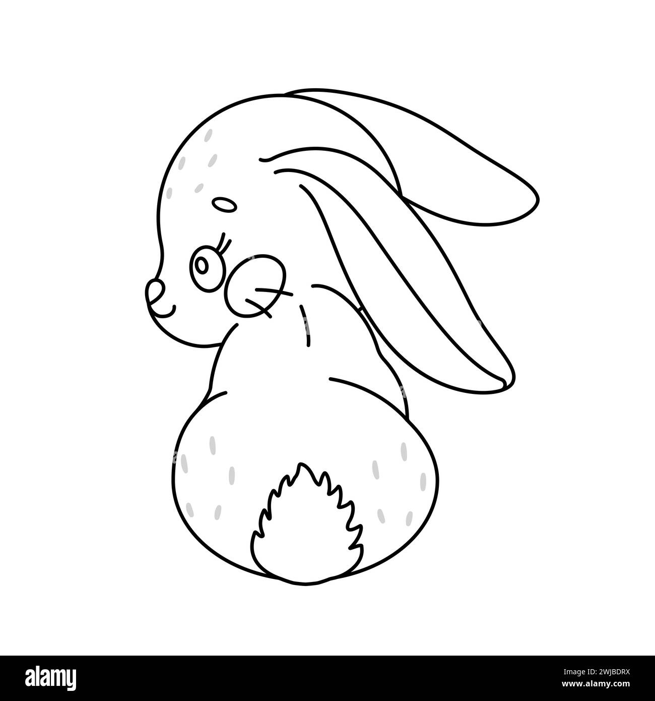 Cartoon easter Bunny. Cute rabbit. Kawaii bunny Sitting, rear view. Coloring page for kids and adults. Vector illustration. Stock Vector