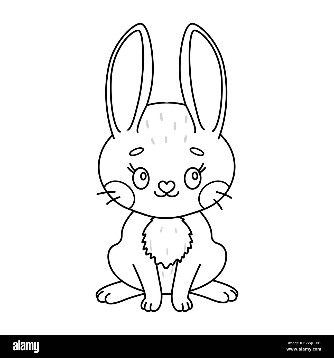 Cartoon easter Bunny. Cute rabbit. Kawaii bunny sitting. Coloring page for kids and adults. Vector illustration. Stock Vector