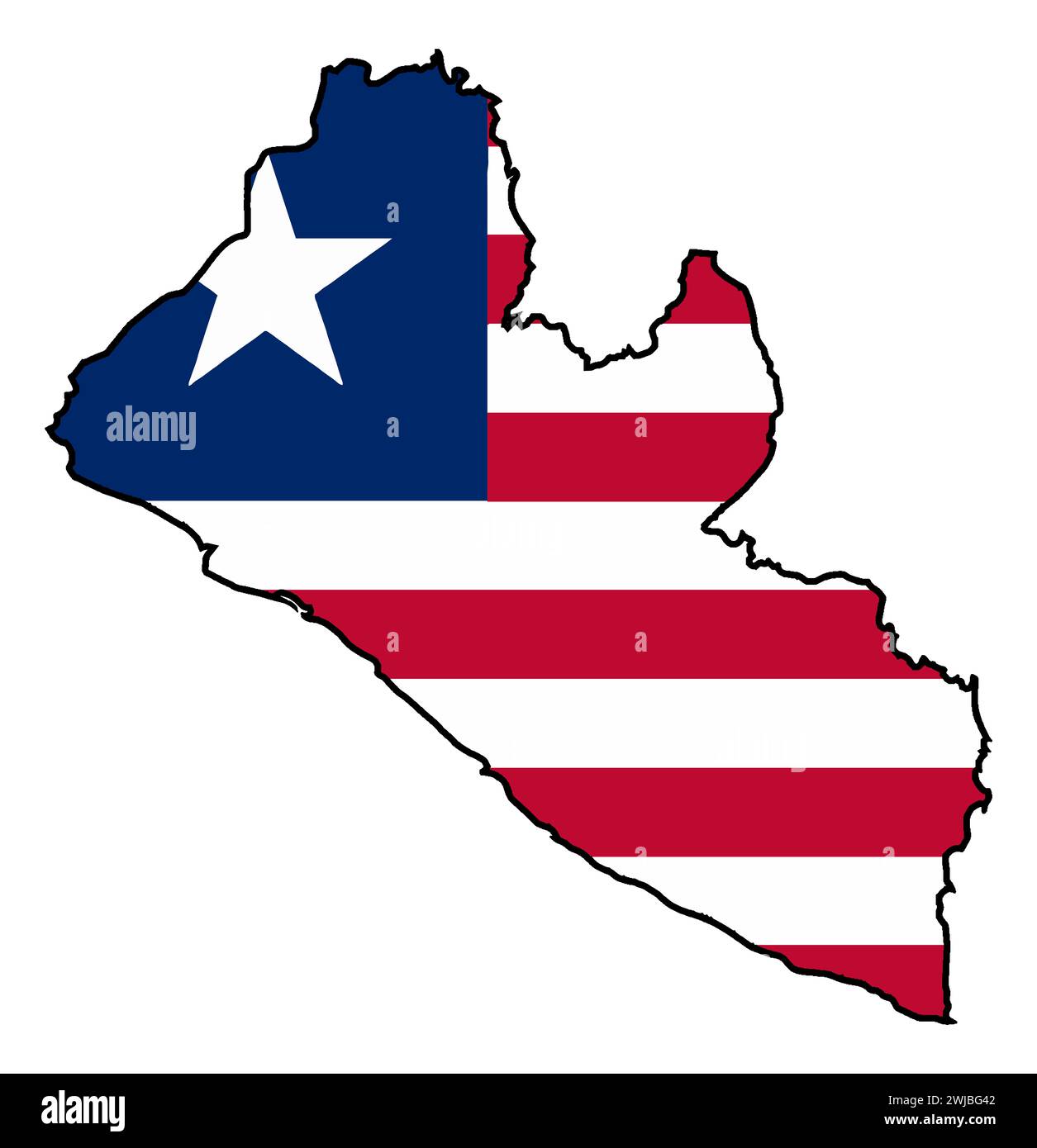 Liberia blackline outline silhouette map over a white background with the national flag inset Stock Photo