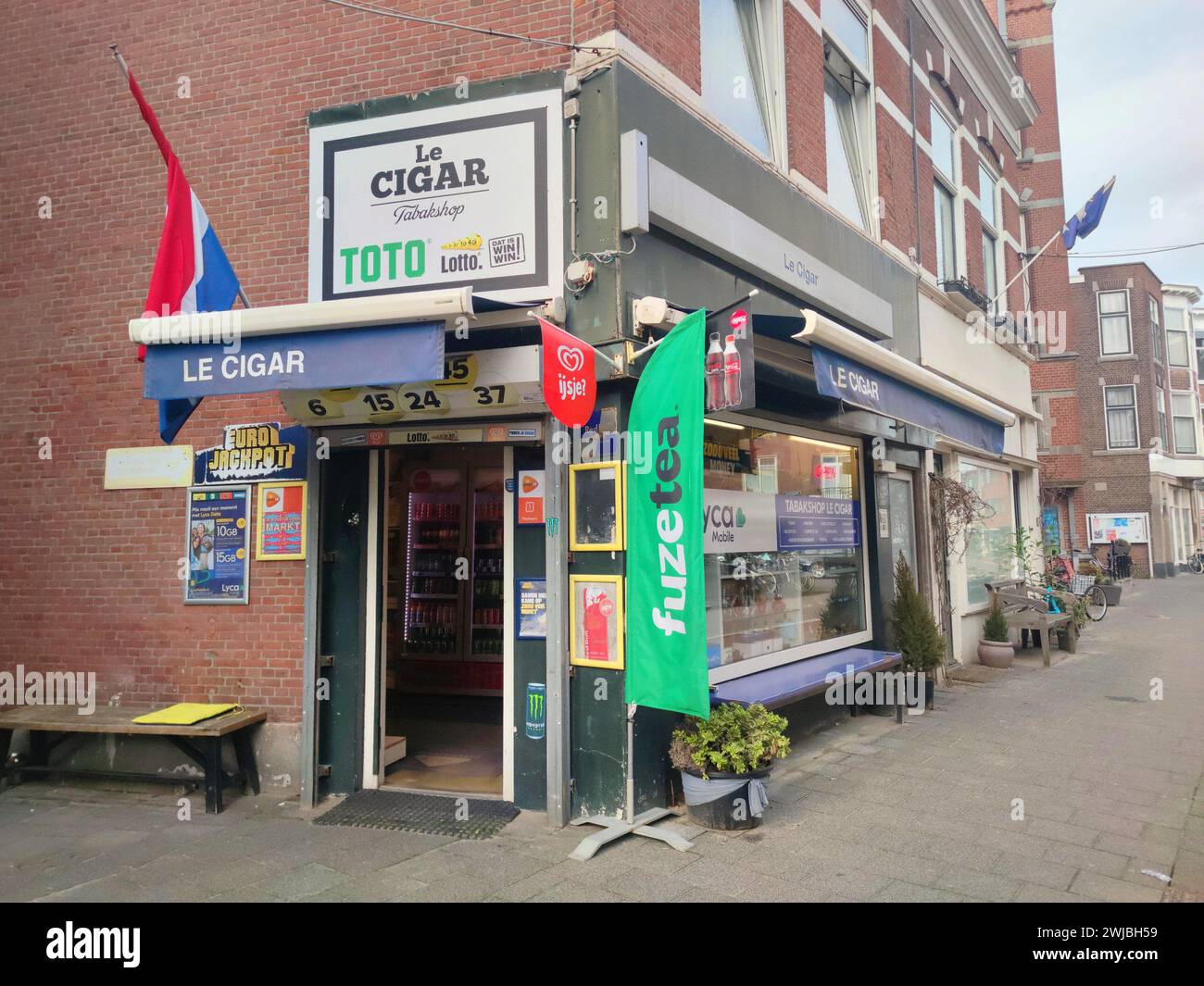 Traditional tobacco shop in a street in the historic part of the fishing town of Scheveningen, near The Hague, the Netherlands. Stock Photo