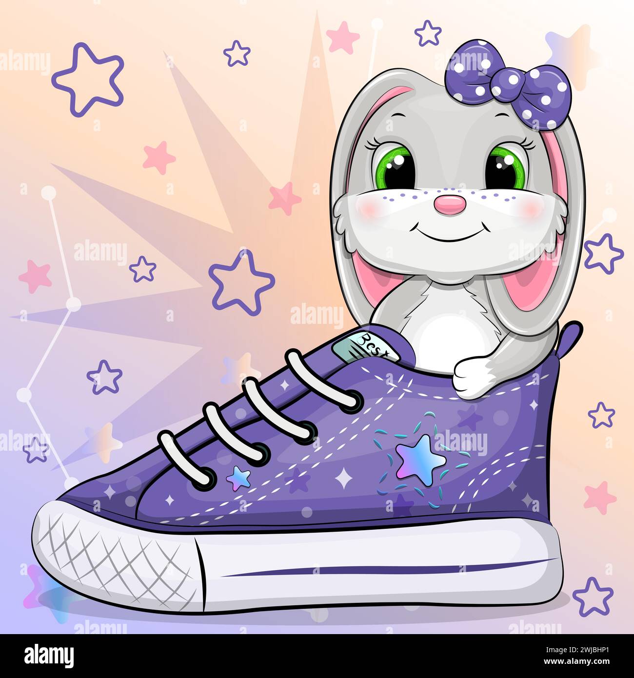 A cute cartoon gray rabbit with a sneaker. Vector illustration of an ...