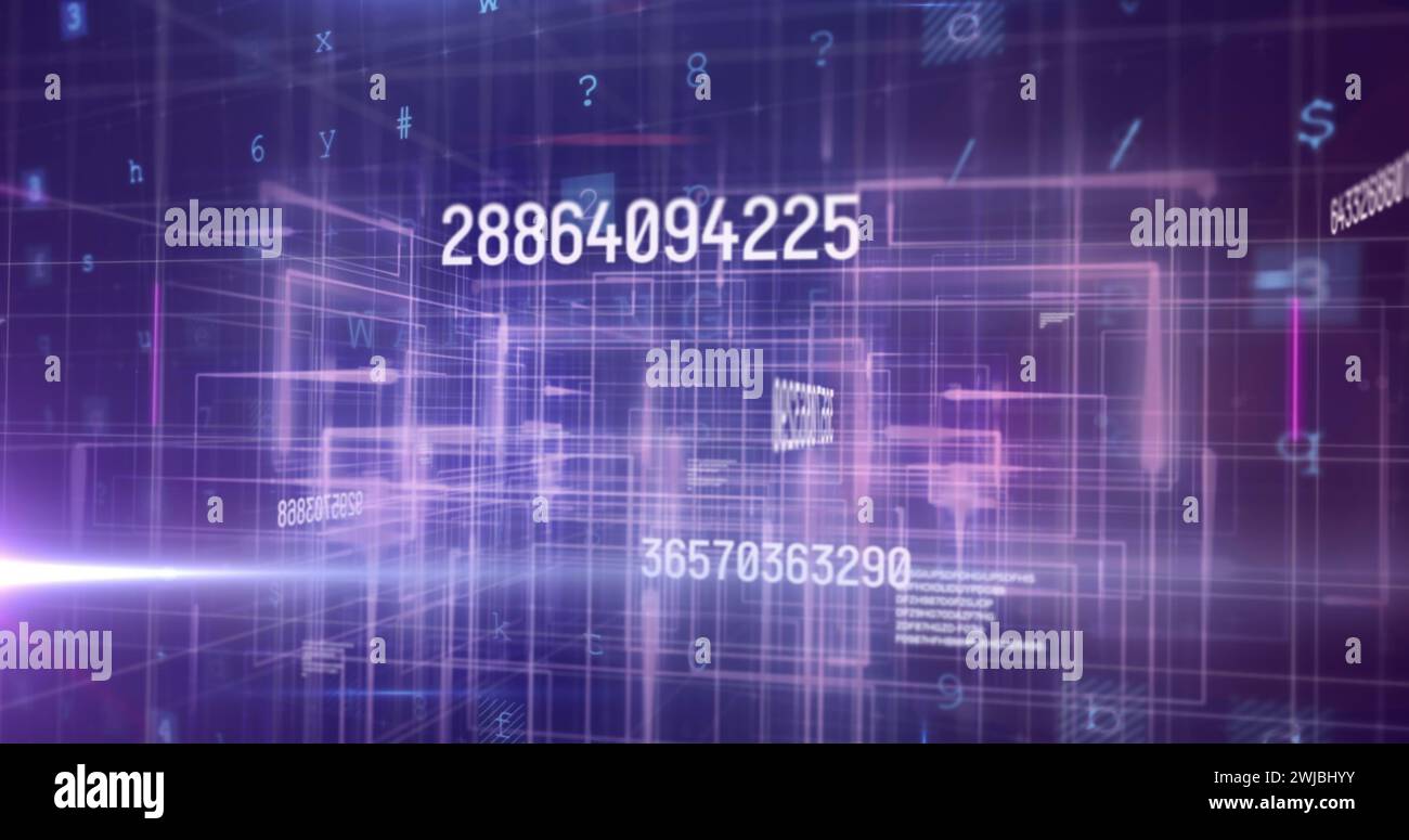 Cybersecurity concept depicted with dynamic numbers and texts on a blue backdrop. Stock Photo