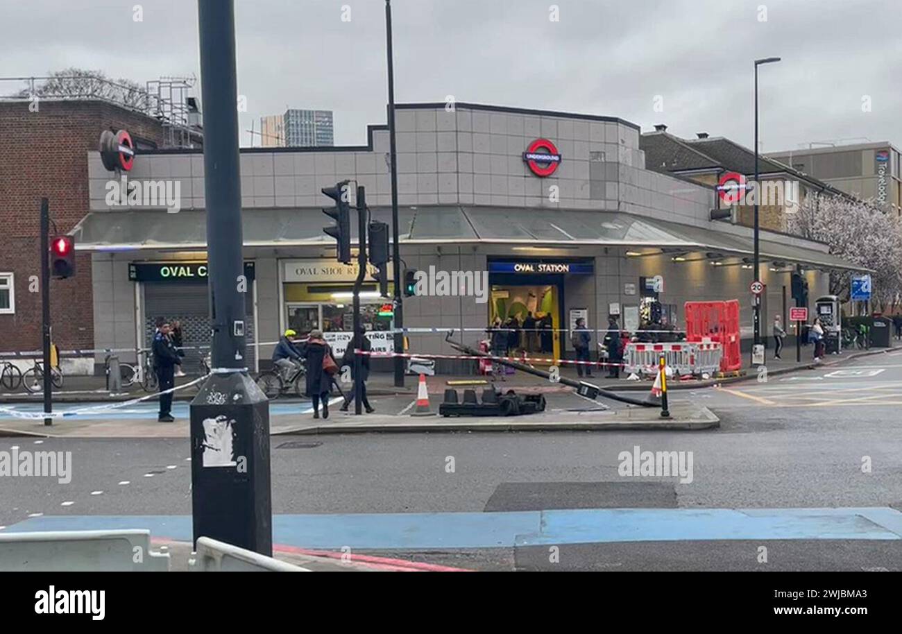 The scene on Kennington Park Road, near Oval Tube station, south London, after a collision between a double decker bus and a police van resulting in nine people, including six police officers, being taken to hospital. Picture date: Wednesday February 14, 2024. Stock Photo