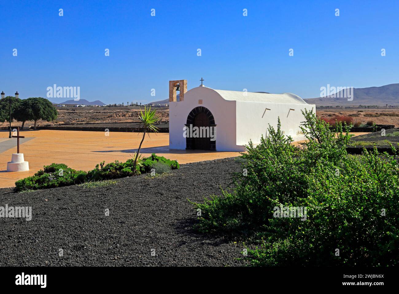 The pretty white church La Ermita de Nuestra Señora del Buen Viaje at El Cotillo, Fuerteventura, Canary Islands, Spain, Stock Photo