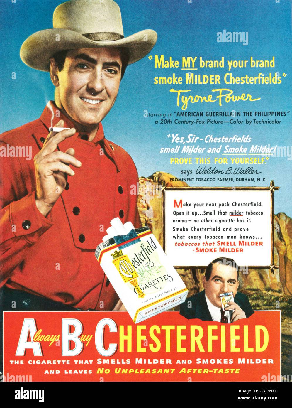 1950 Chesterfield cigarettes ad with Tyrone Power. 'ABC always by Chesterfield. The cigarette that smells milder and smokes milder.' Stock Photo