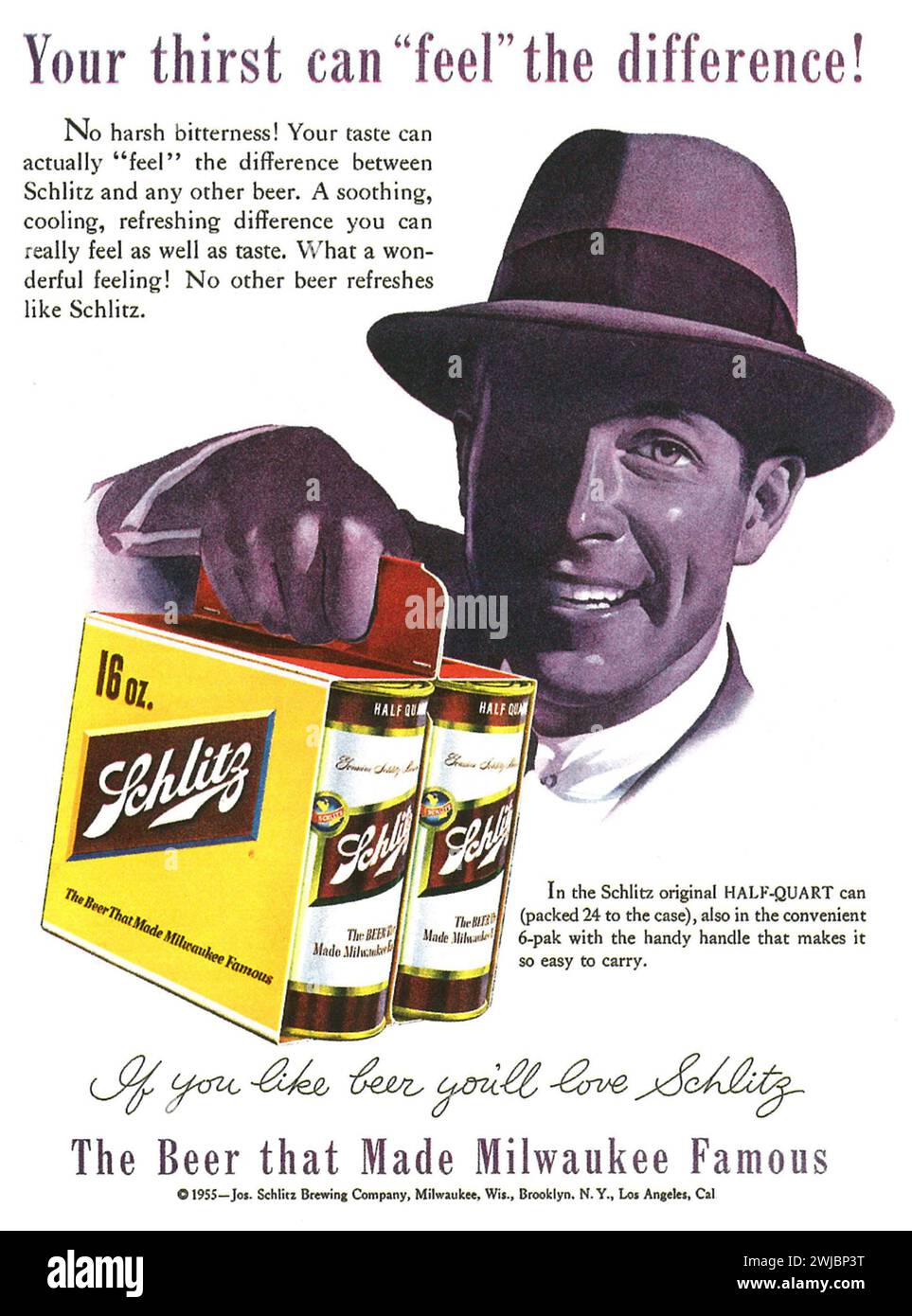 1953 Schlitz beer print ad. 'Your thirst can feel the difference. The beer that made Milwaukee famous.' Stock Photo