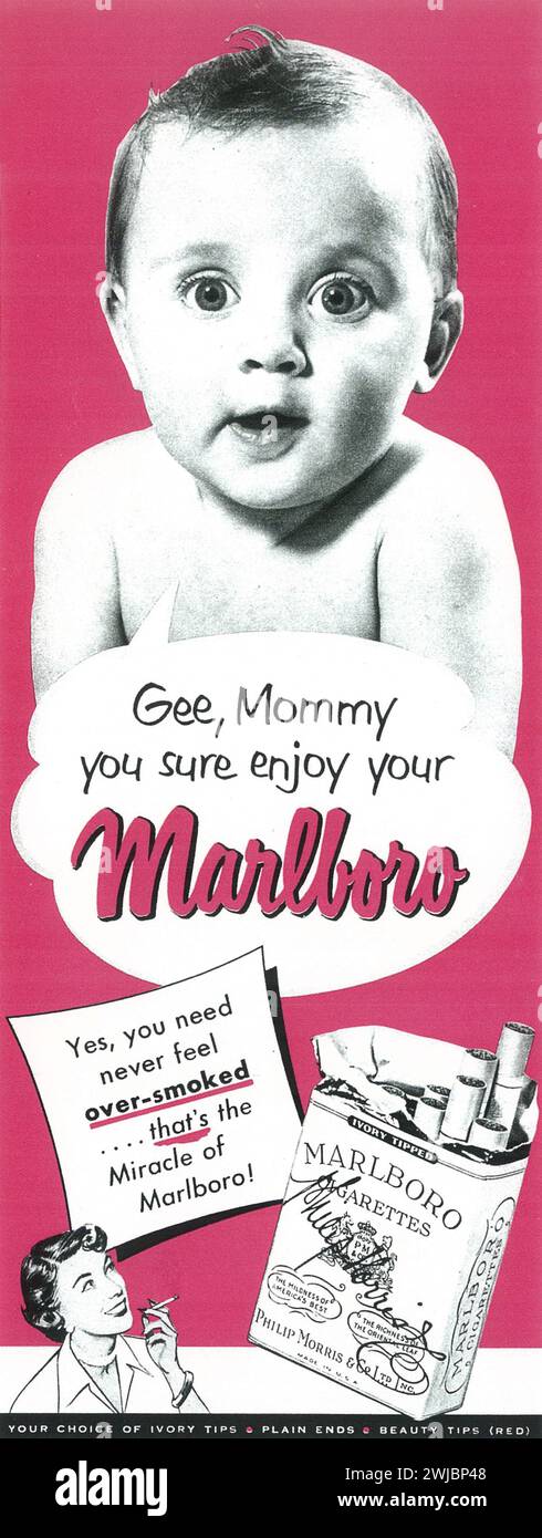 1950 Marlboro cigarettes ad. "Gee Mommy you sure enjoy your Marlboro." Stock Photo