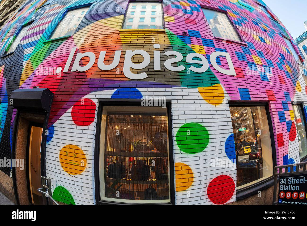 NEW YORK, USA - MARCH 7, 2020:Background with one beautiful building painting on facade of the Desigual shop. Stock Photo