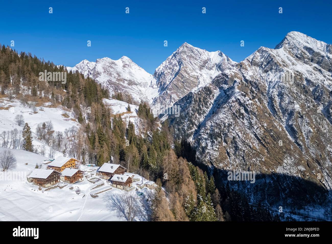 Aerial view of walser huts in Alpe Otro. Alagna, Valsesia, Vercelli province, Piedmont, Italy, Europe. Stock Photo